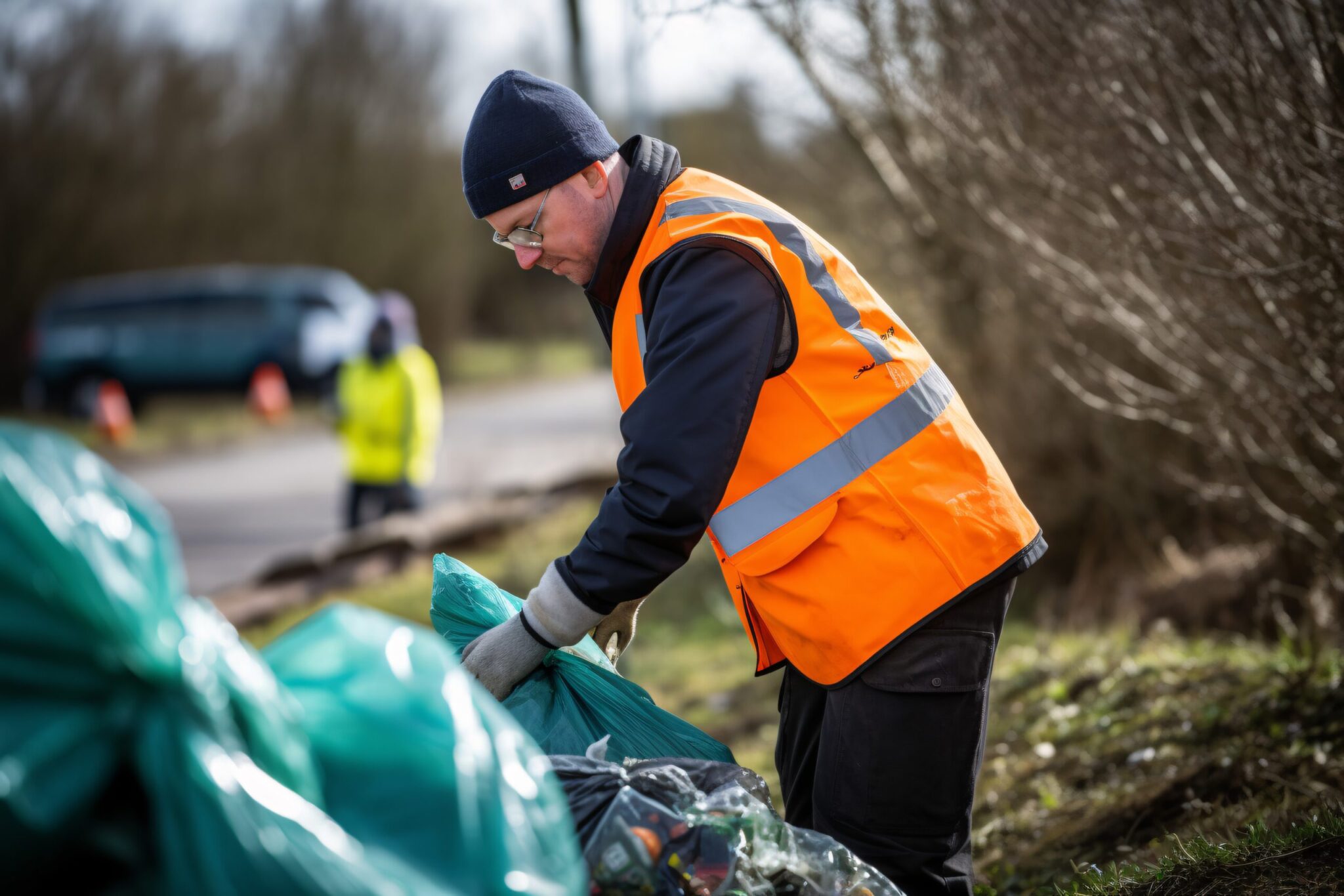 a man is cleaning up rubbish