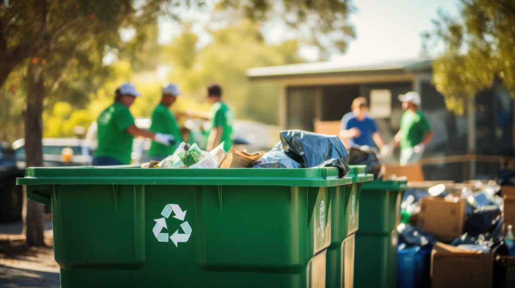 A group of people in green shirts standing around a green recycling bin, promoting environmental awareness. Generative AI