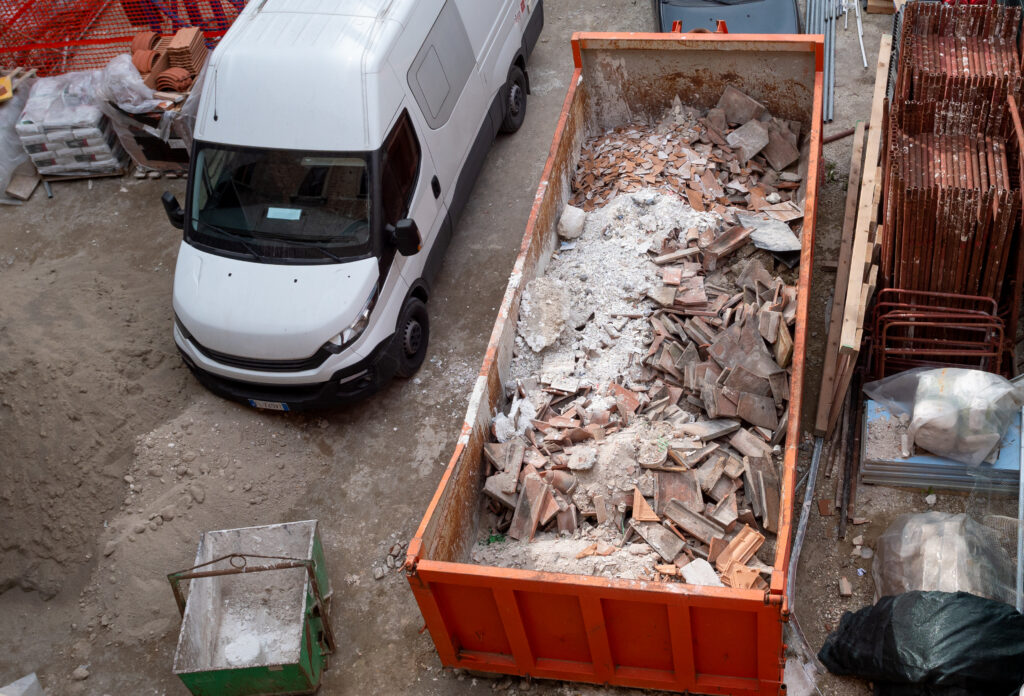 Building rubble and debris ready to be disposed of and recycled.