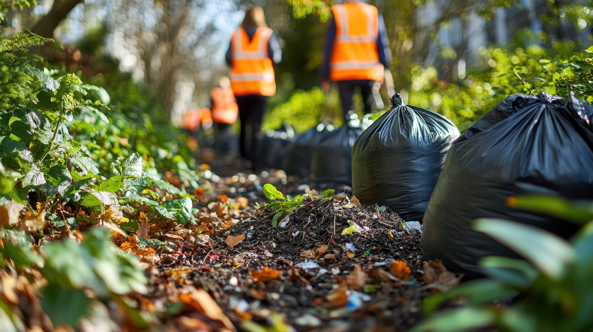 Volunteers in reflective vests cleaning a city park