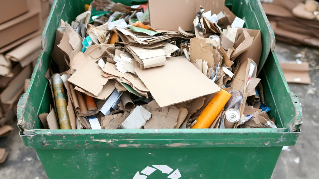 Recyclable Cardboard and Paper Waste Inside a Green Recycling Bin